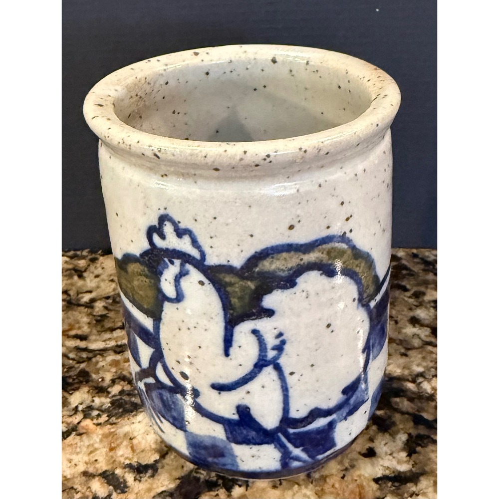 Debbie Dean 5 inch Studio Pottery Crock White Blue Rooster Checkered Stoneware